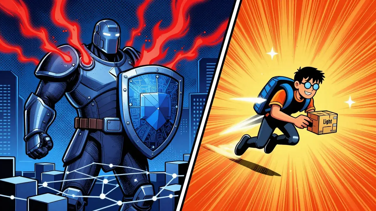 Comic split screen comparing secure full nodes and fast light nodes