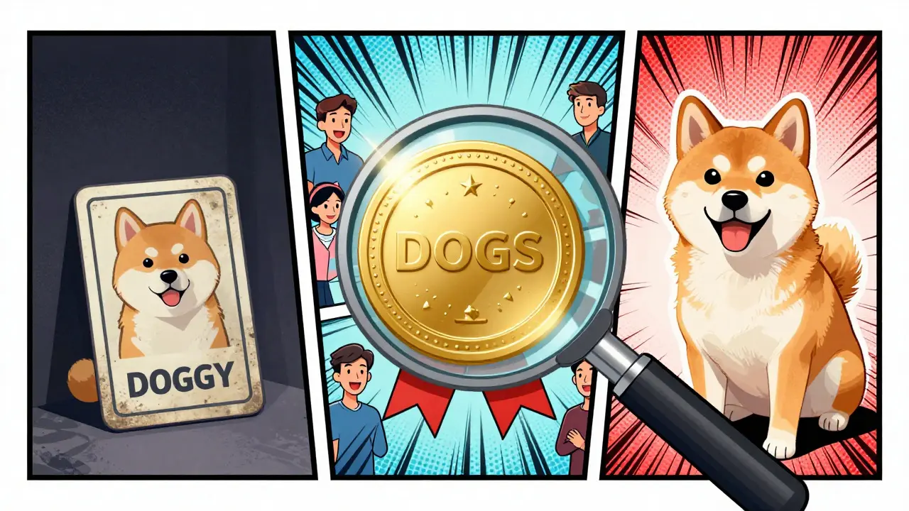 Comic style comparison of real DOGS token vs fake DOGGY and Dogecoin