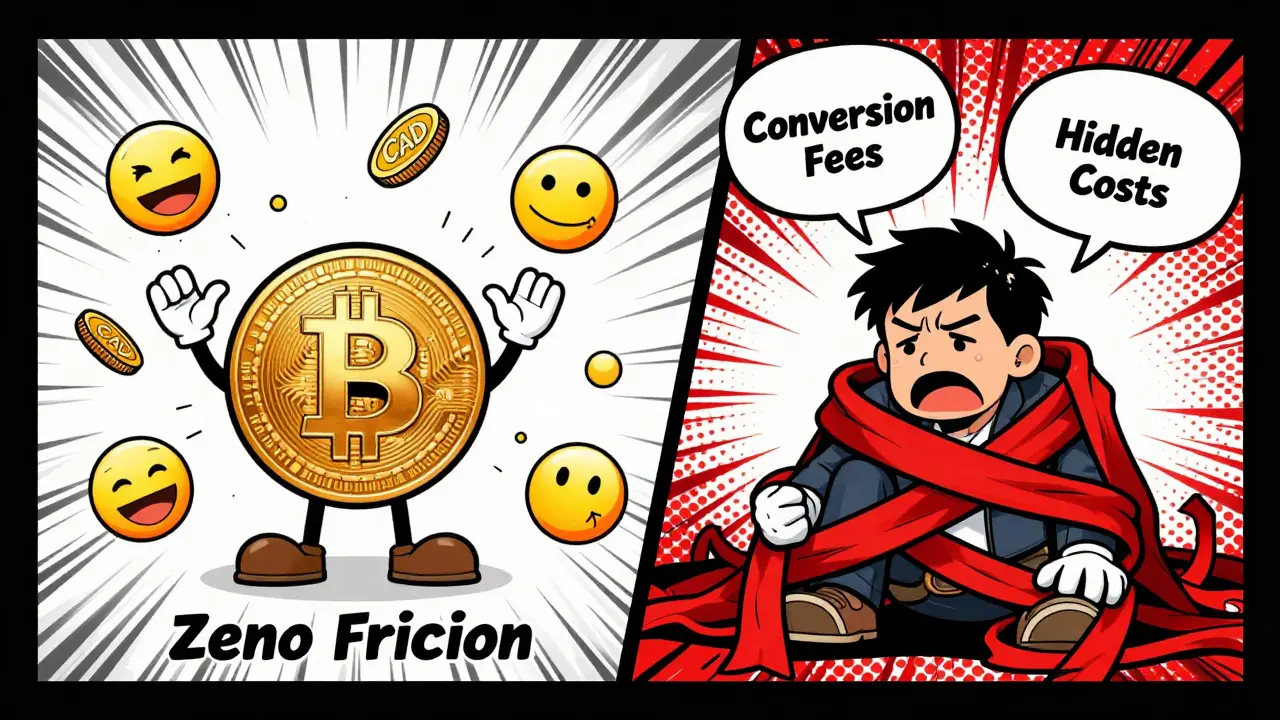 Comic style comparison showing easy CAD trading vs complex fee structures