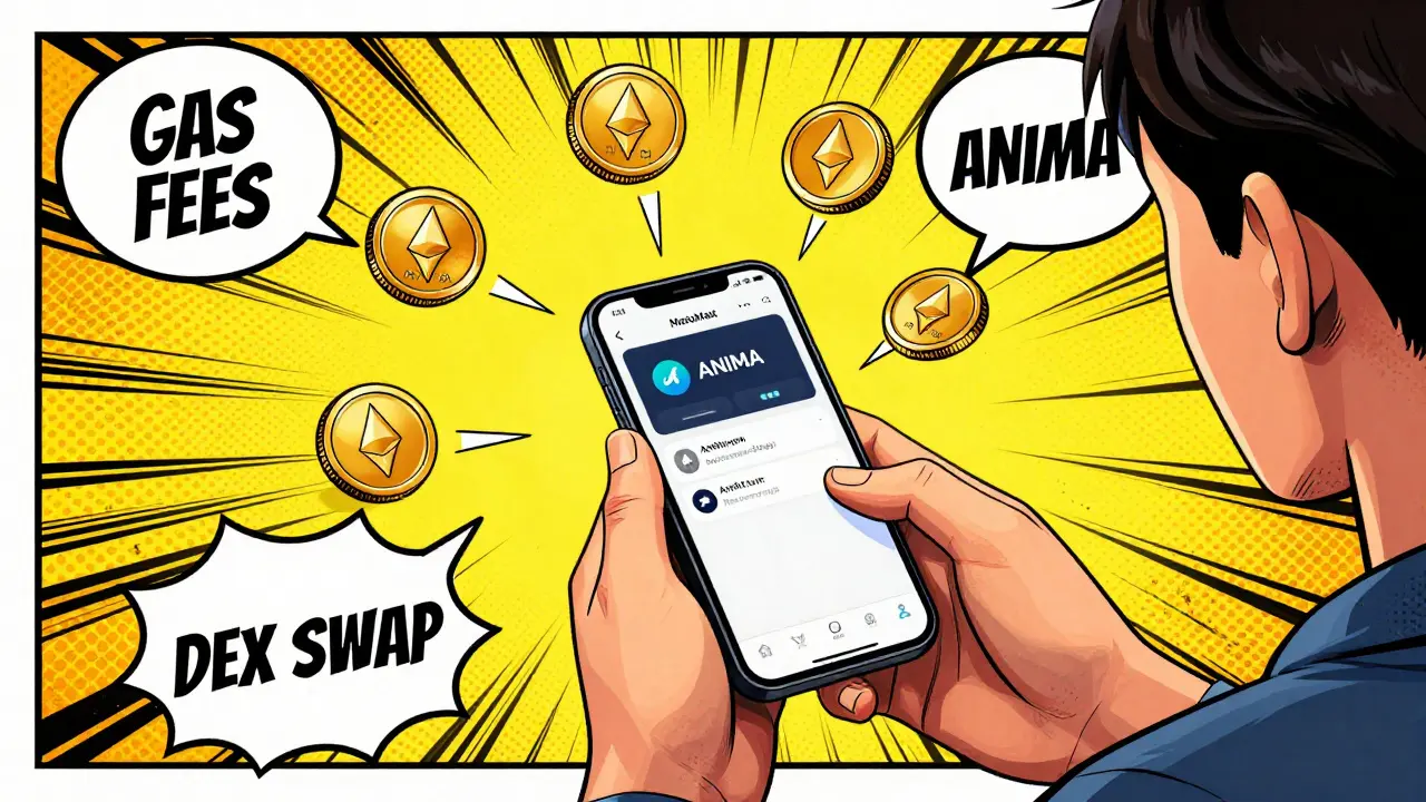 Comic style guide to buying ANIMA via DeFi wallets and Arbitrum