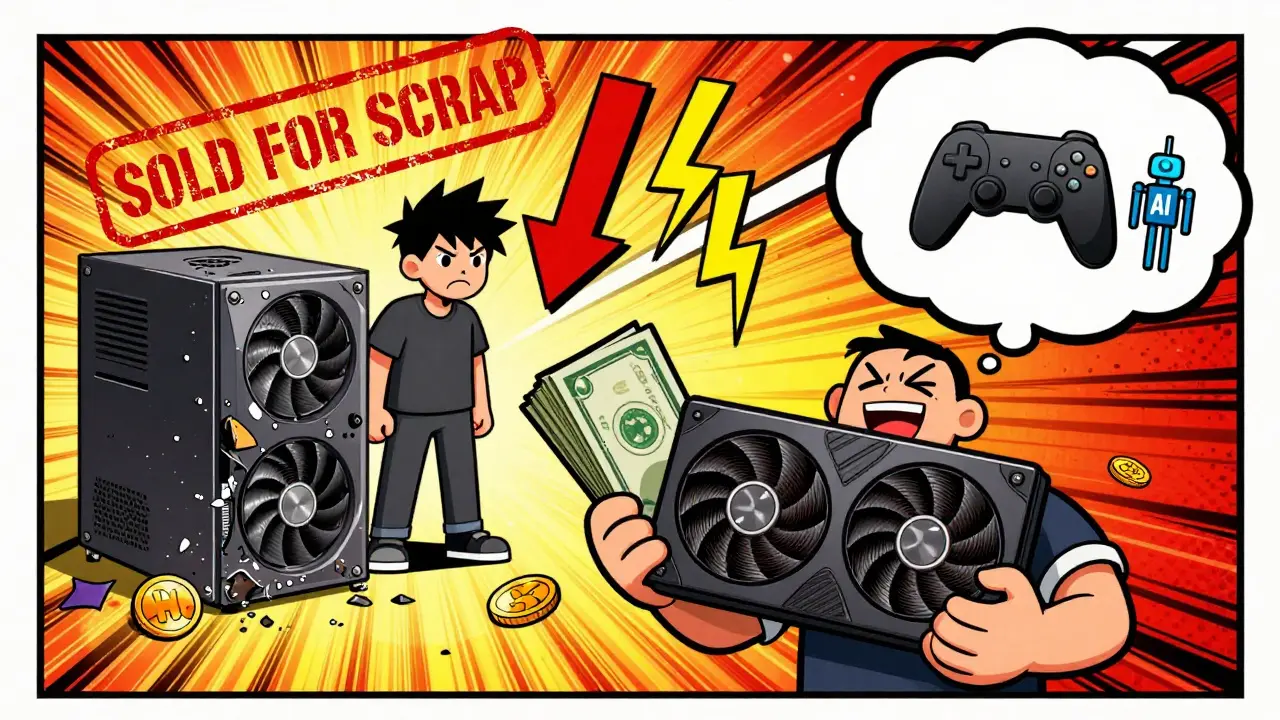 Comic style image showing GPU resale value versus obsolete ASIC hardware