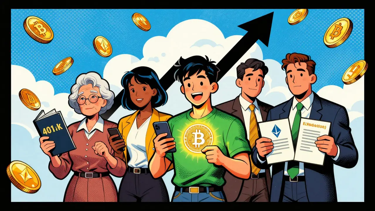 Comic style investors holding crypto ETF shares with growth arrow