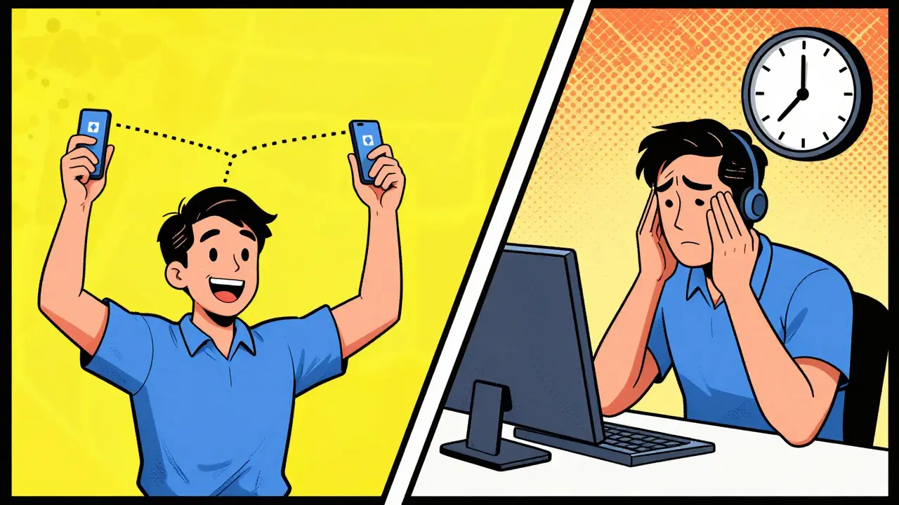 Comic style split scene showing easy copy trading versus slow customer support wait