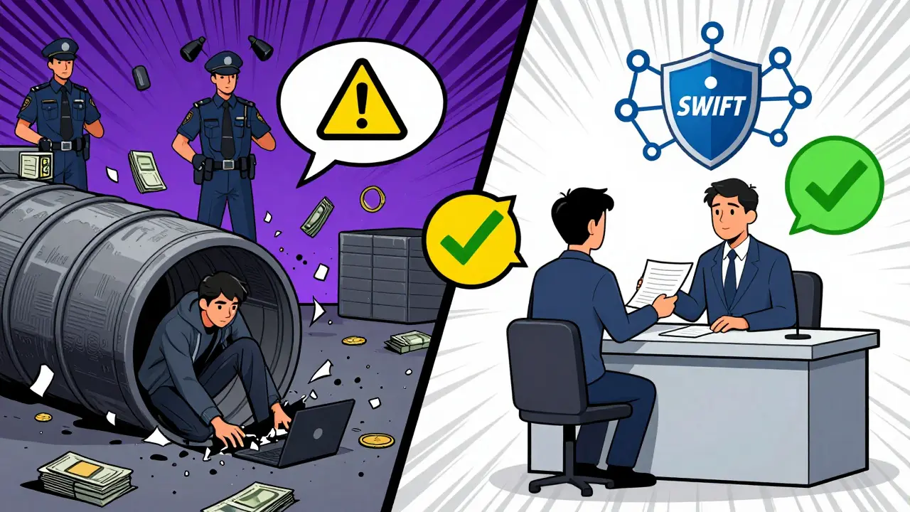 Contrast between illegal crypto risks and legal banking
