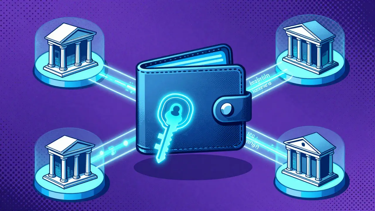 Digital wallet sharing secure cryptographic hash with banks in a comic book style.