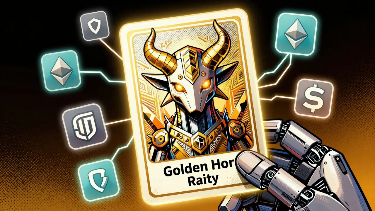 Glowing generative NFT card with golden horns held by a robotic hand.