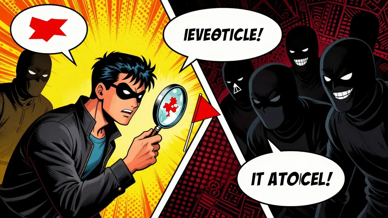 Hero exposing scammer threats with a magnifying glass in pop art comic style