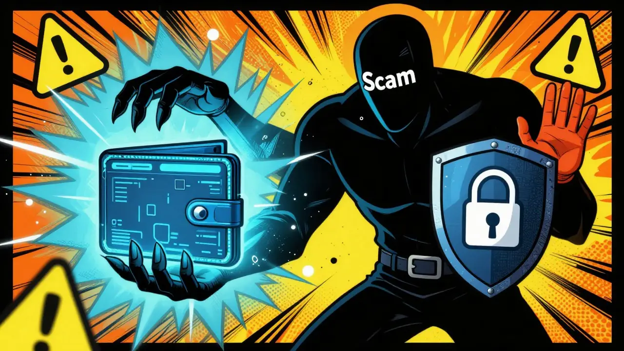 Hero protecting digital wallet from scammer shadow in pop art comic style.