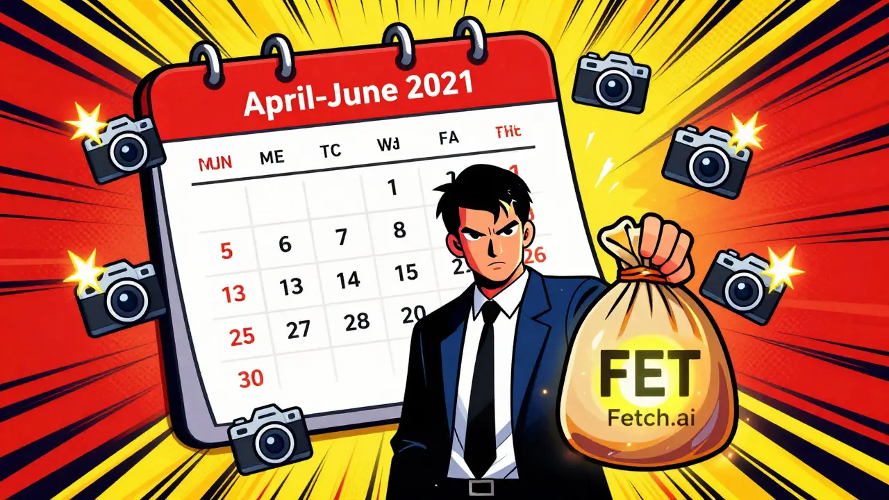 Investor holding FET tokens with snapshot calendar in comic style.