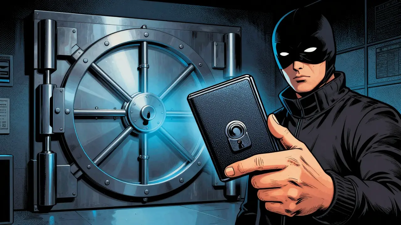 Masked figure holding hardware wallet near secure vault