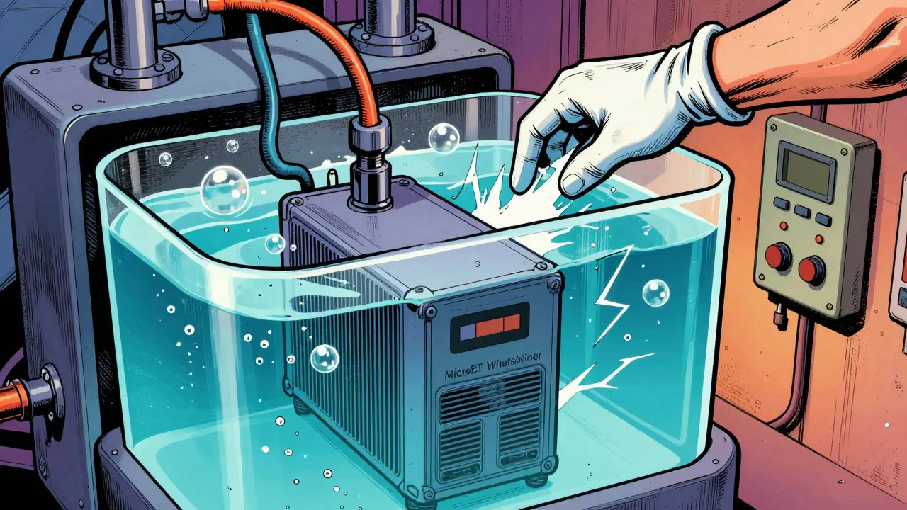 MicroBT miner submerged in immersion cooling fluid, comic style.