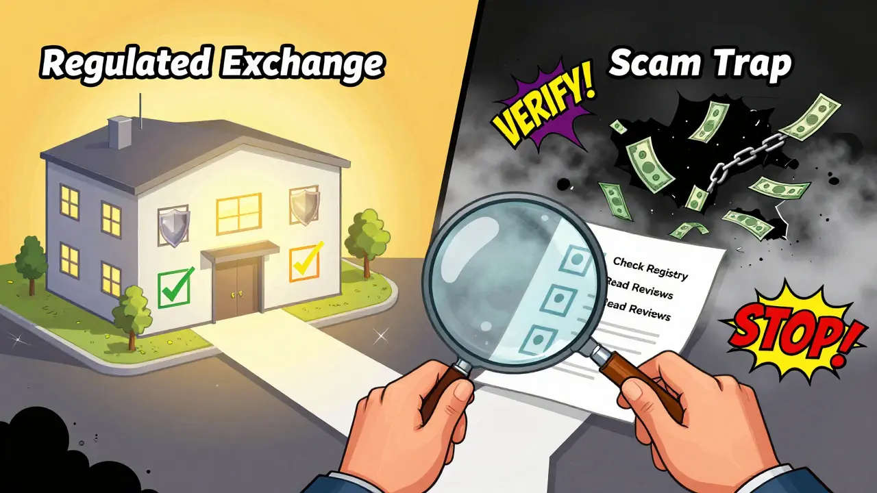 Person choosing safe regulated exchange over scam trap