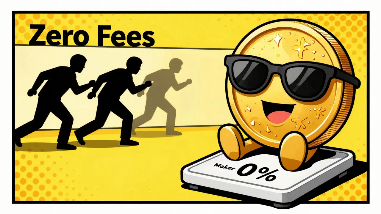 Pop art coin character celebrating zero trading fees