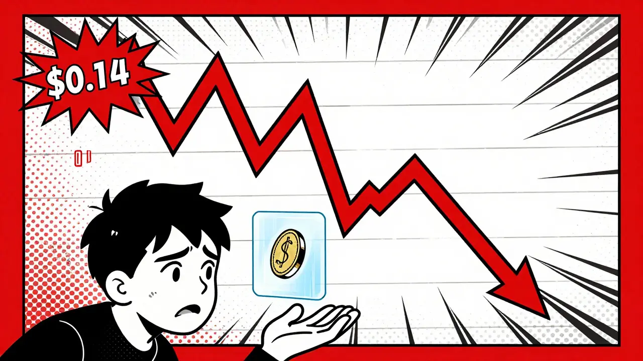 Pop art comic showing a dramatic drop in crypto price with a shrinking coin.