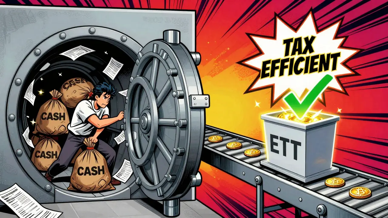 Pop art comparison of cash vs in-kind crypto ETF creation processes