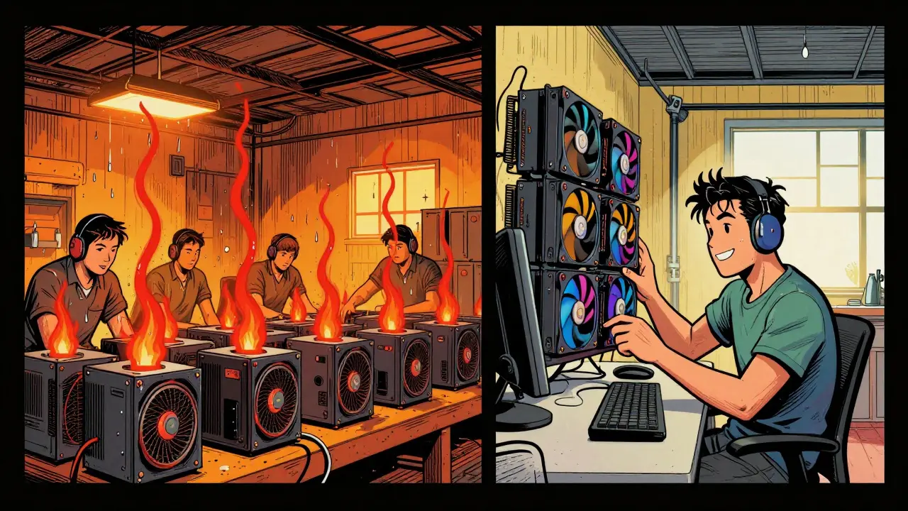 Pop art illustration of a noisy warehouse vs a quiet home GPU mining rig