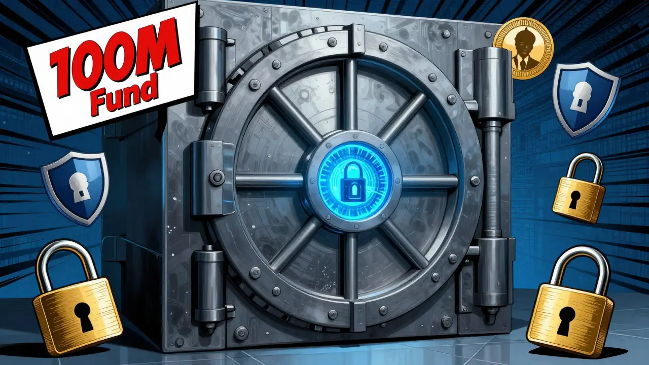Pop art illustration of a secure digital vault with encryption shields and regulatory emblems