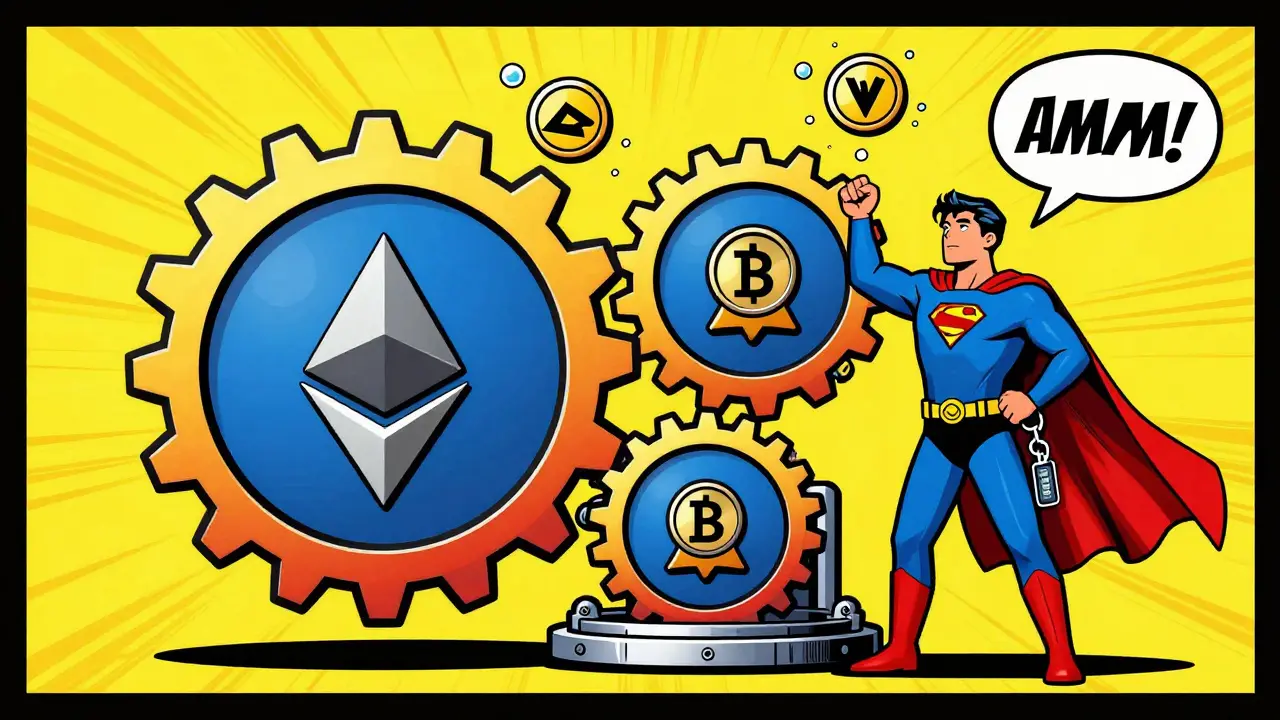Pop art illustration of AMM gears generating crypto rewards automatically