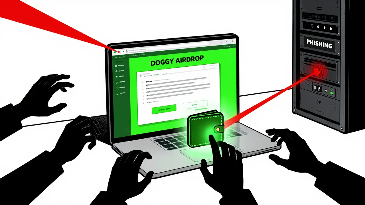 Pop art illustration of phishing scam stealing crypto from fake airdrop site