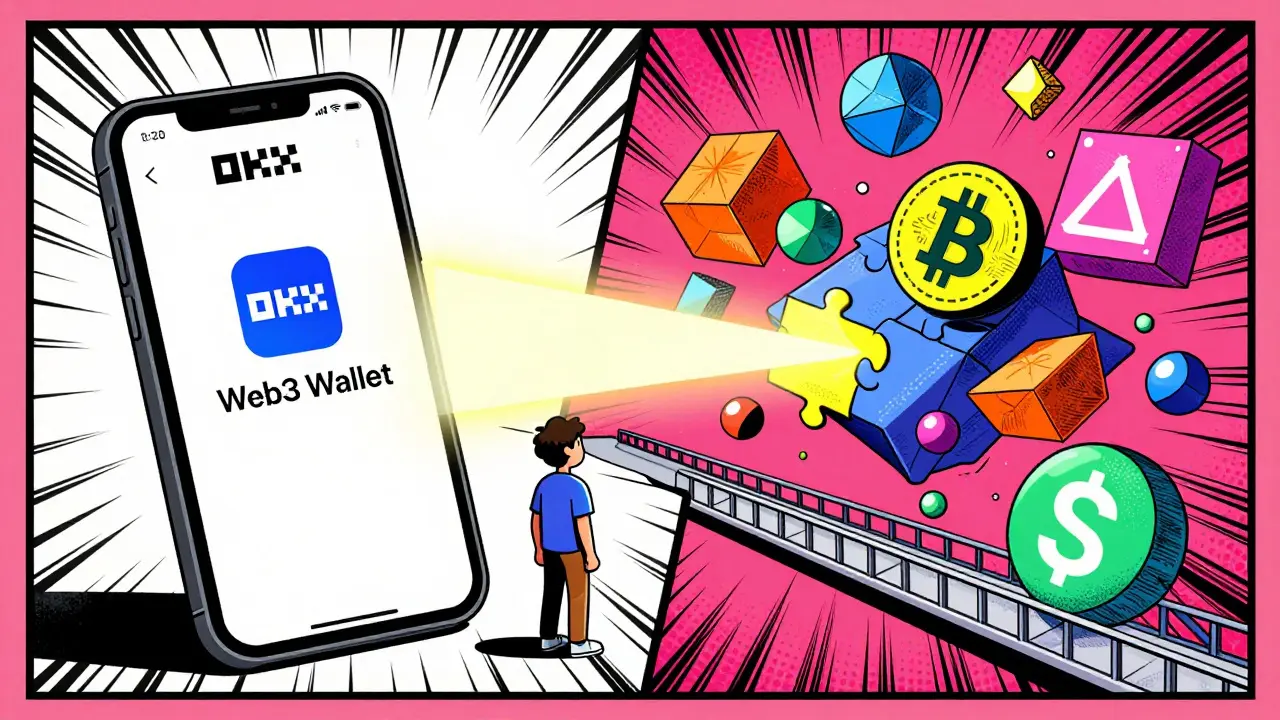 Pop art showing a smartphone connecting to Bitcoin Runes via a Web3 wallet bridge.