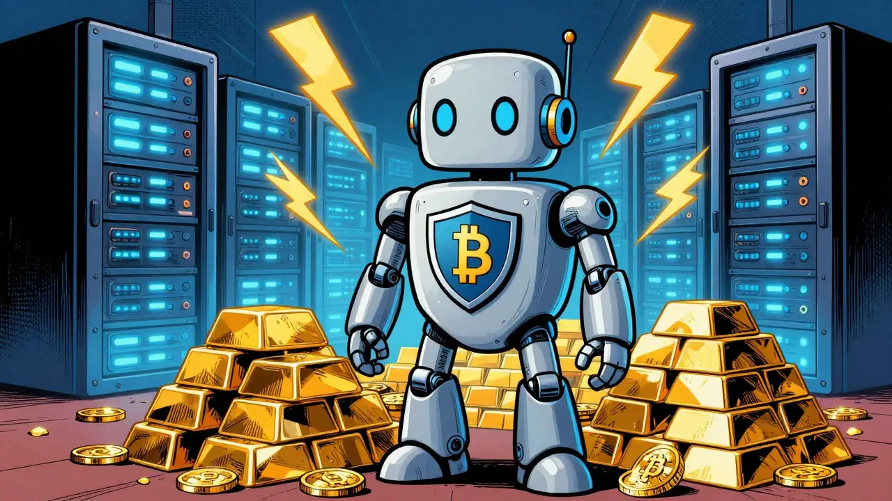 Robot guarding crypto assets in a secure digital fortress, pop art style