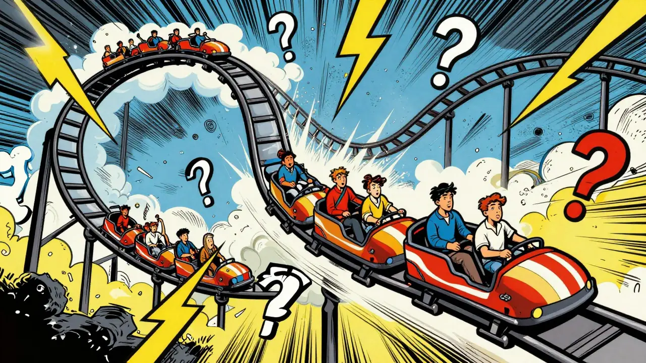 Rollercoaster twisting through stormy clouds representing market volatility