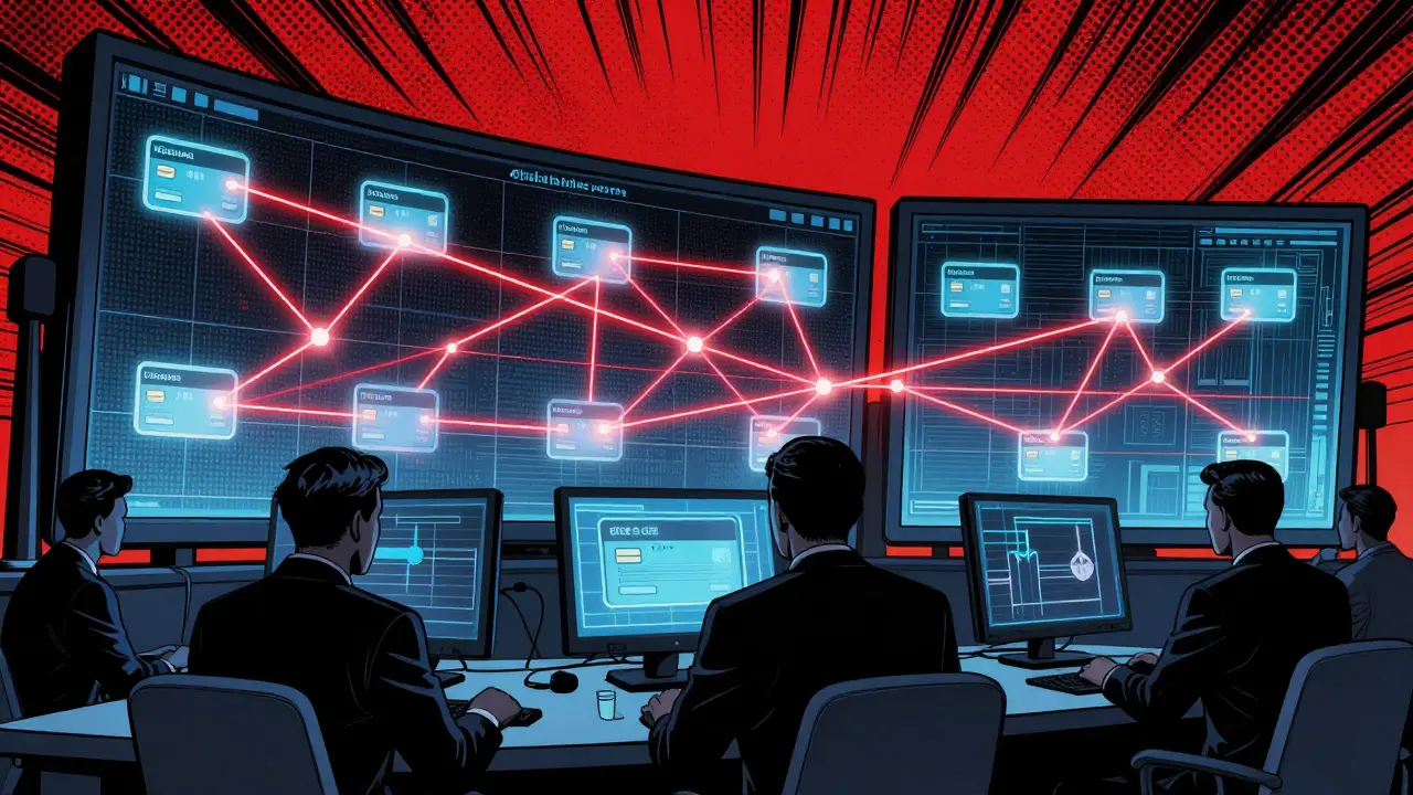 Surveillance monitors tracing crypto transactions, comic style
