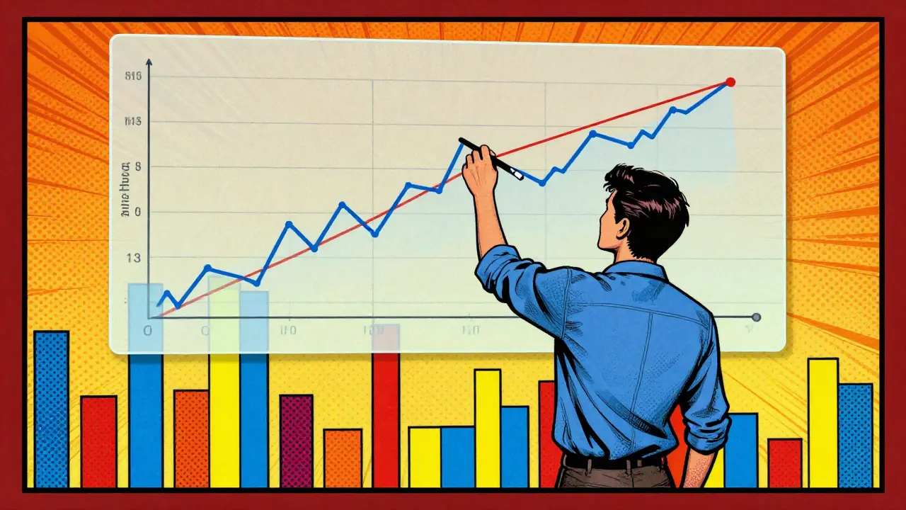 Trader analyzing support levels and volume bars in pop art style