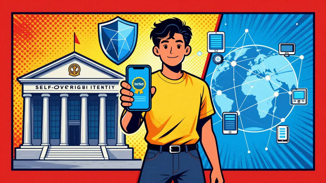 User holding smartphone with verified badge, empowered by self-sovereign identity.