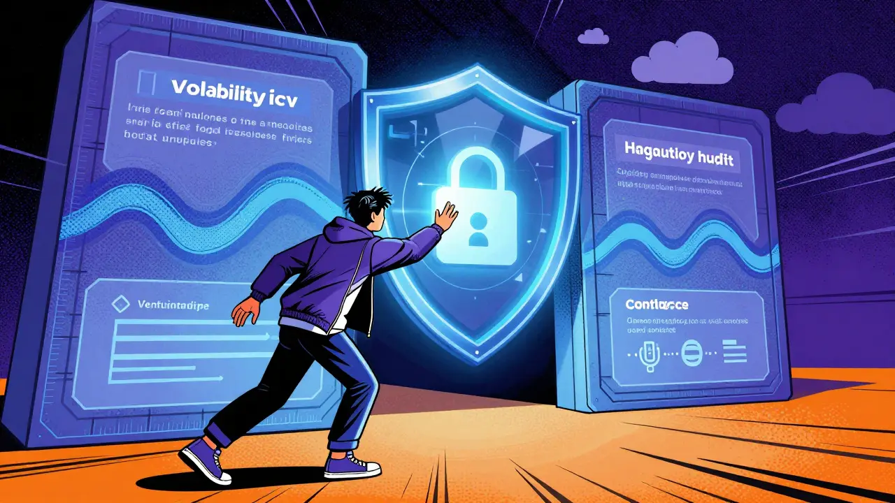 User securing assets with a digital shield against market risks in comic style.