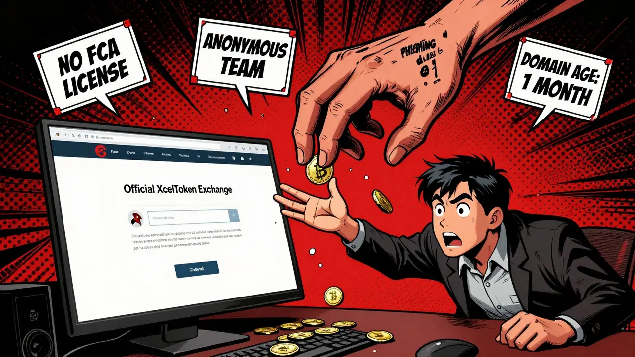 Action comic scene depicting a phishing scam where a user's Bitcoin is being snatched by a menacing hand from a fake XcelToken Exchange website, surrounded by warning signs about lack of regulation.