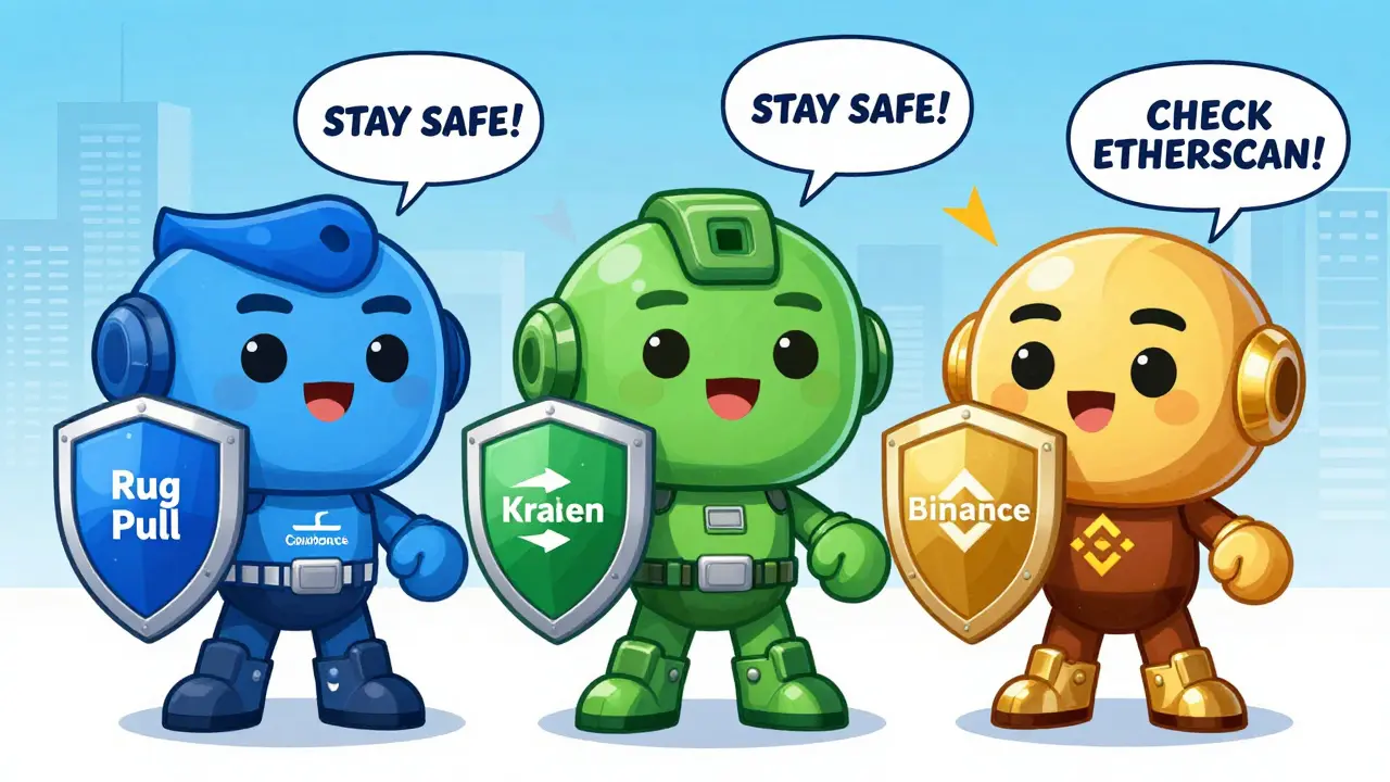 Bright pop art comic panel showing superheroes representing Coinbase, Kraken, and Binance protecting investors from fraud, with messages encouraging safety and verification via Etherscan.