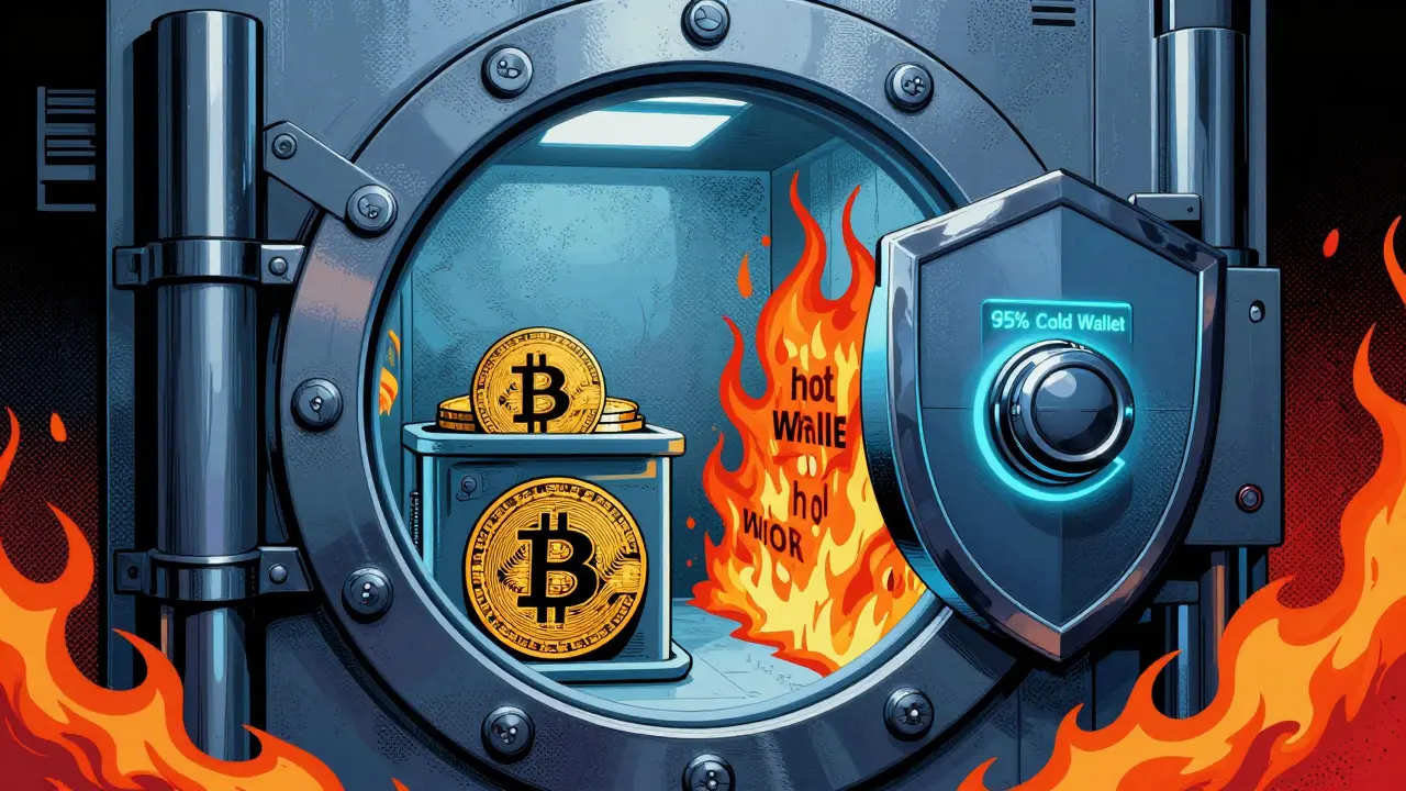 Comic art: Secure vault storing 95% of crypto in cold wallets, separating user assets.