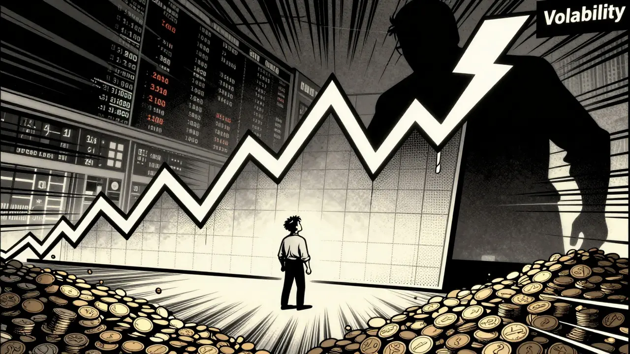 Comic book illustration of volatile crypto price charts and risky trading