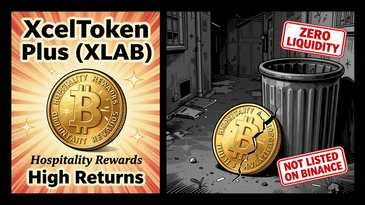Comic book split panel contrasting a tempting fake ad for XLAB token with the harsh reality of zero liquidity and delisting, highlighted by a red 'ZERO LIQUIDITY' stamp.