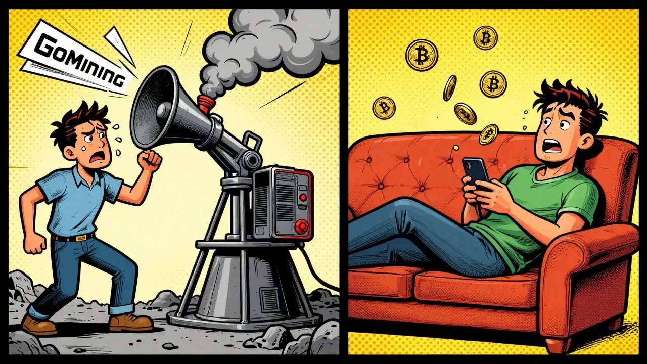 Comic contrast between stressful physical mining and easy app mining
