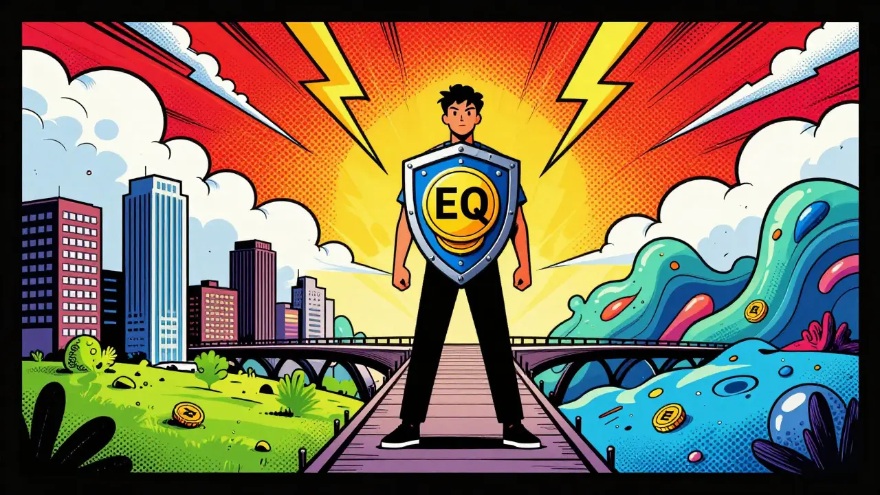 Comic illustration of a user crossing a bridge between DeFi and TradFi with EQ token shield.