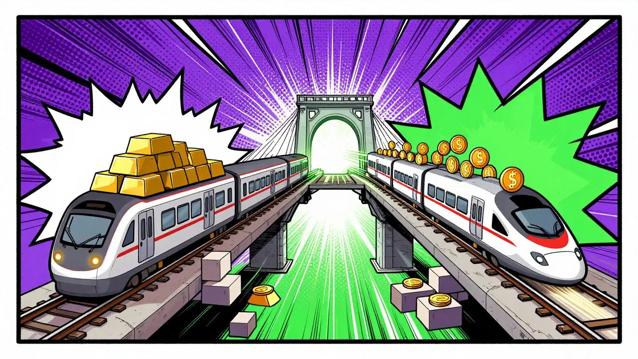 Comic illustration of hybrid blockchain bridge model