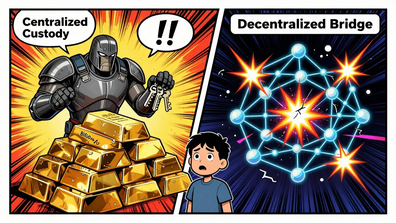 Comic style comparison of secure centralized custody guards versus a glitching, hacked decentralized bridge.