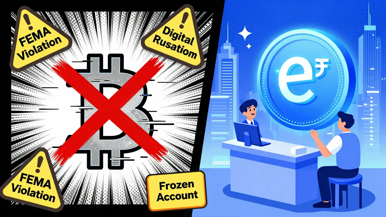 Comic style contrast between banned Bitcoin payments and approved Digital Rupee