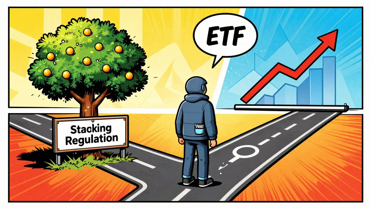 Comic style graphic showing the trade-off between staking rewards and ETF fees