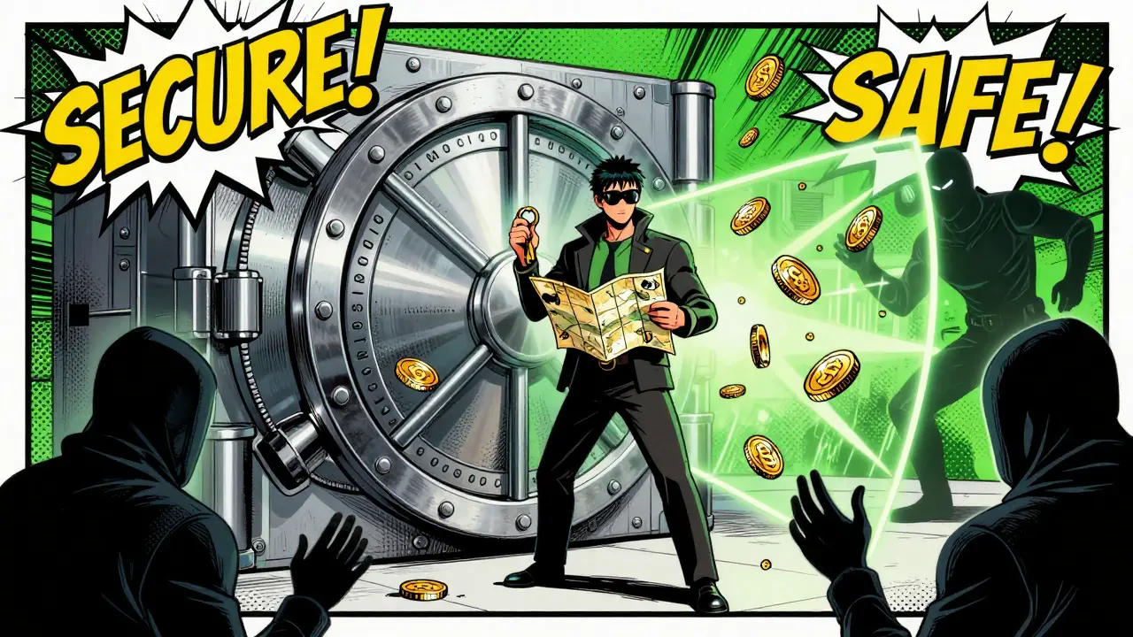 Comic style hero protecting crypto assets in secure vault