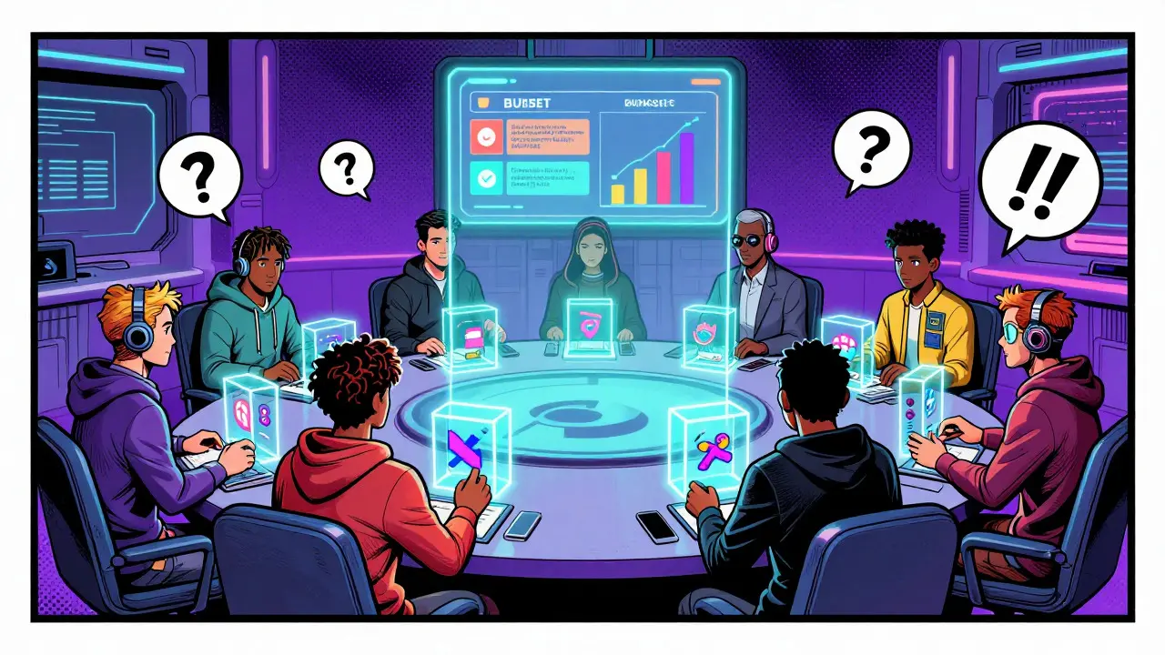 Comic style illustration of fans voting in a DAO boardroom with holograms.