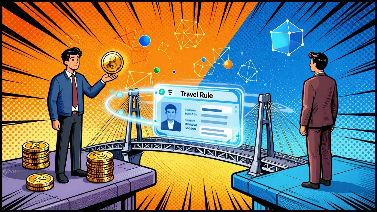 Comic style image of digital bridge transferring data for Travel Rule compliance.