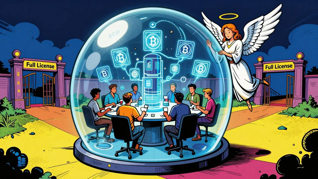 Comic style image of startup in ARIP regulatory sandbox preparing for licensure