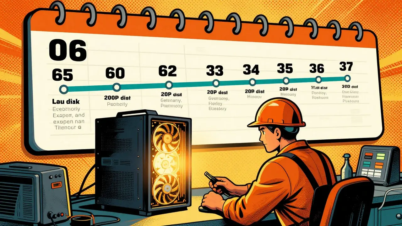 Comic style miner with GPU rig and long-term timeline