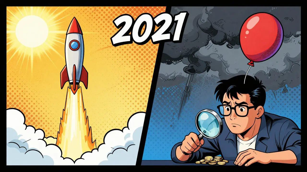 Comic style split view of crypto price history