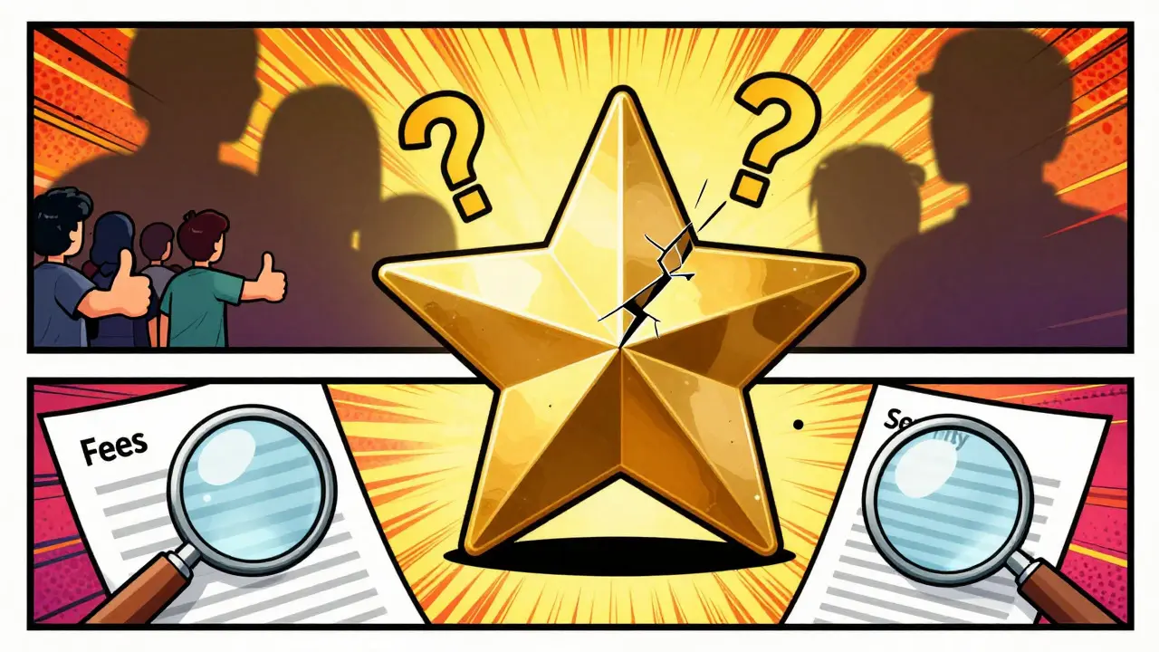 Cracked star rating with few users and magnifying glasses over empty docs