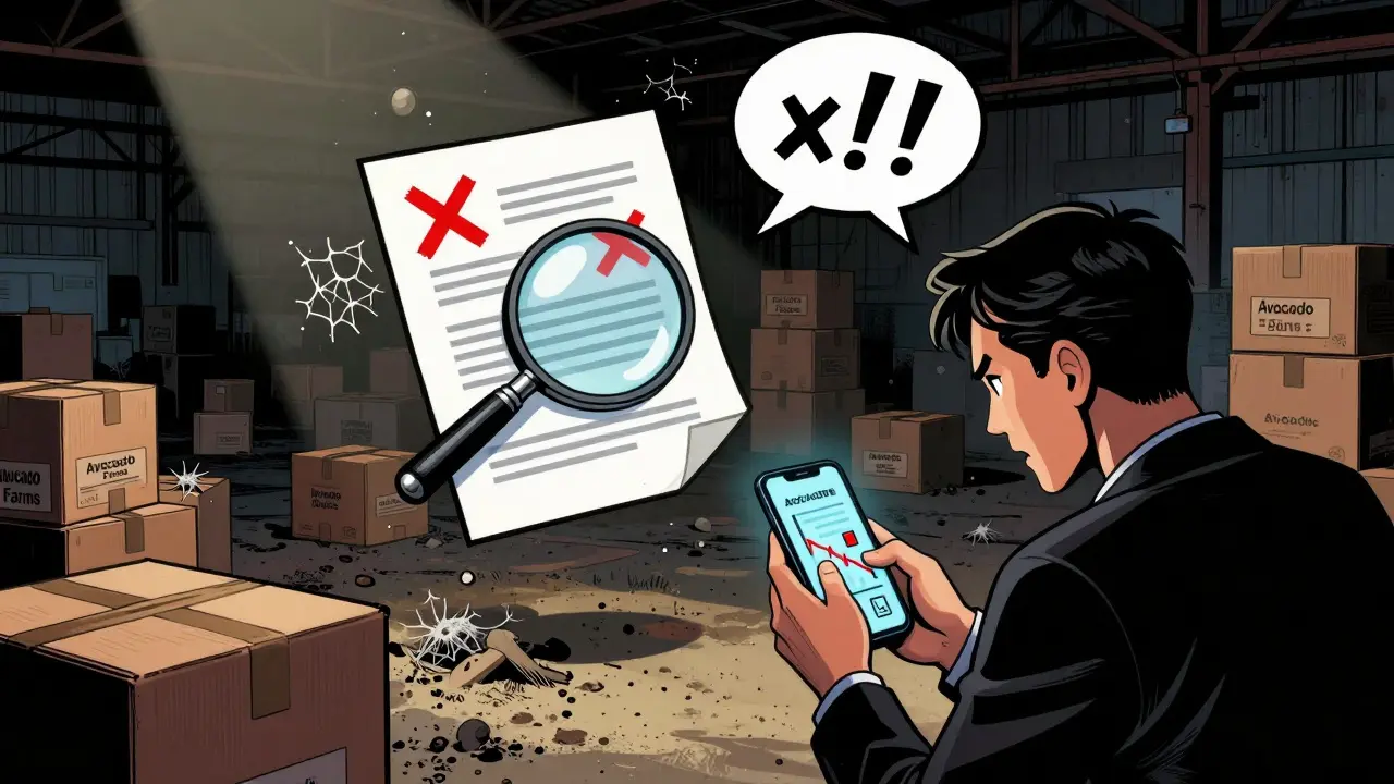 Dark warehouse revealing empty boxes and fraud warnings