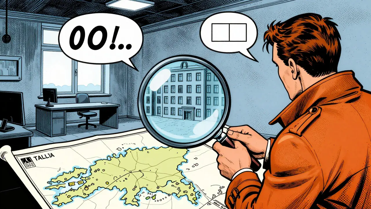 Detective inspecting empty Estonian office through magnifying glass
